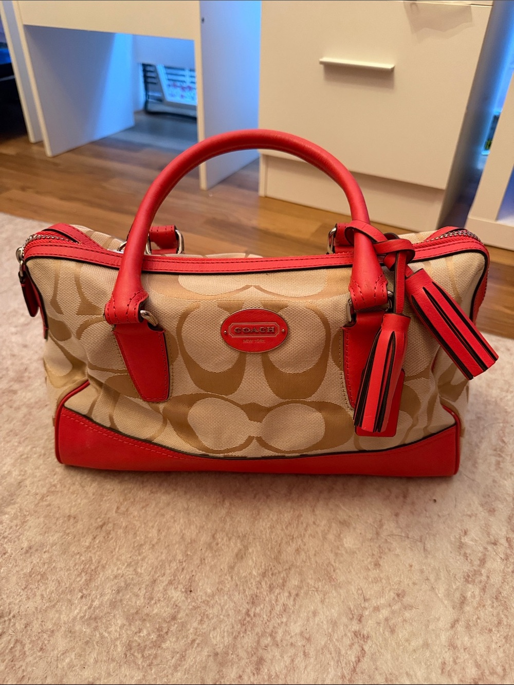 Coach Beige Signature Satchel with Red Leather Trim